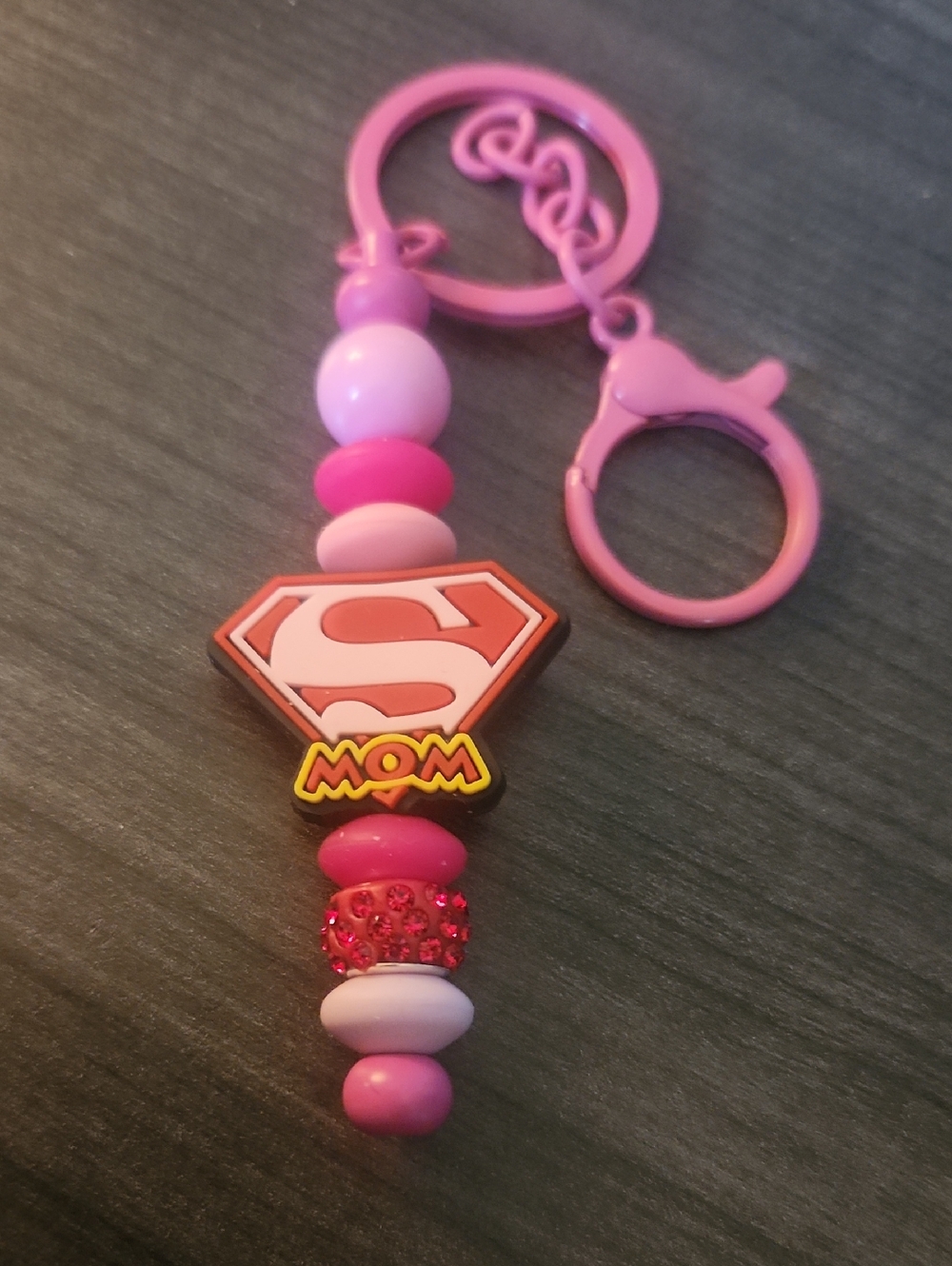 Pink 'Supermom' Beaded Keychain